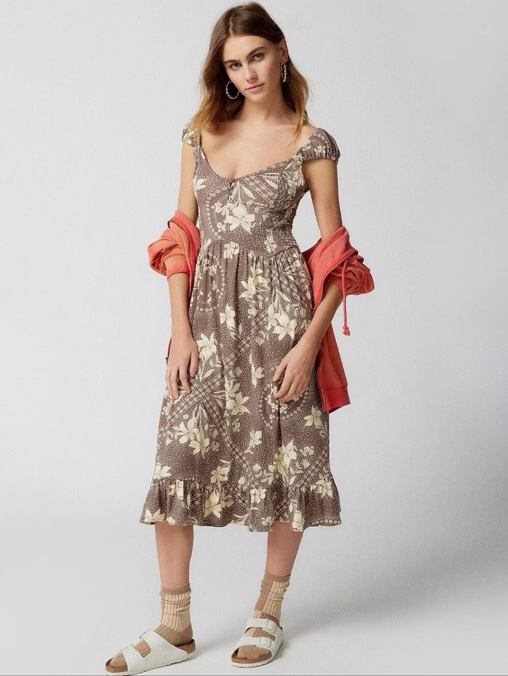 UO Elenor Brown Geometric Floral Midi Vestido Size Small